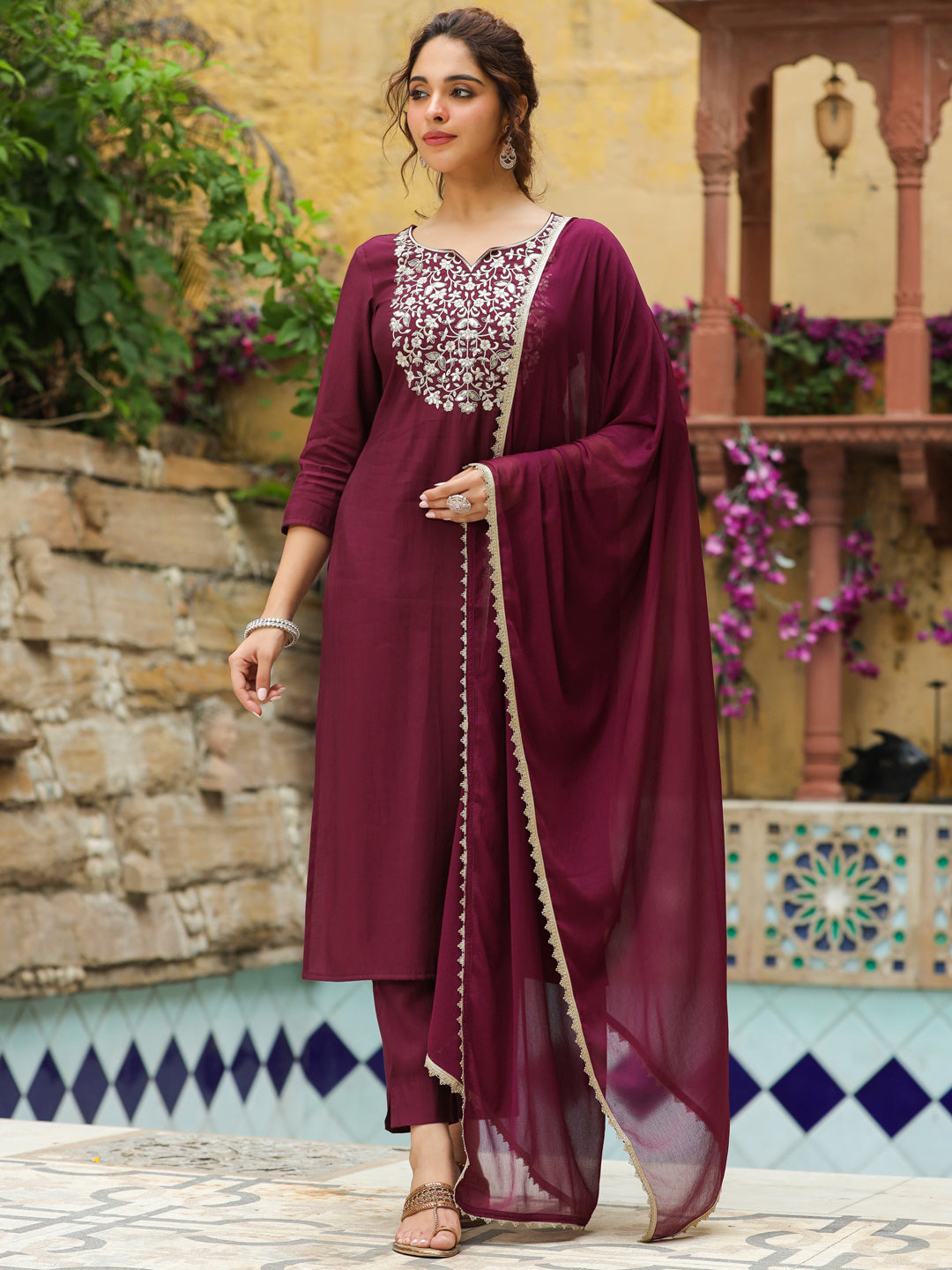 Wine Chanderi Silk Yoke Embroidered Straight Kurta Set