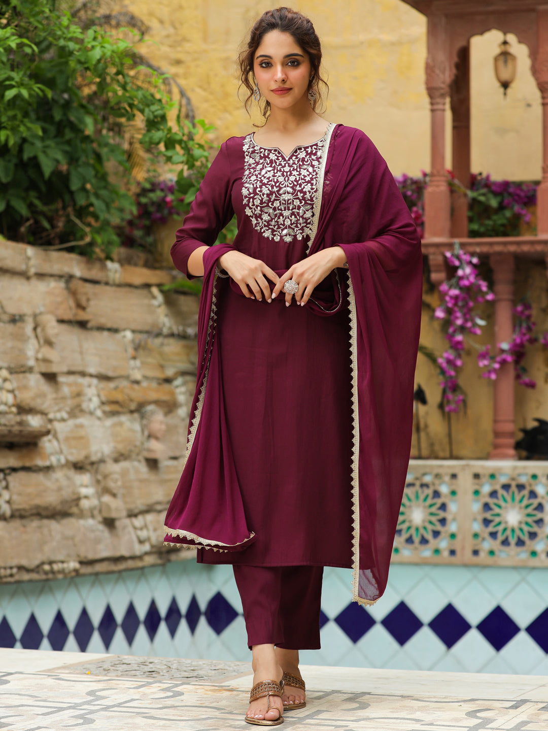 Wine Chanderi Silk Yoke Embroidered Straight Kurta Set