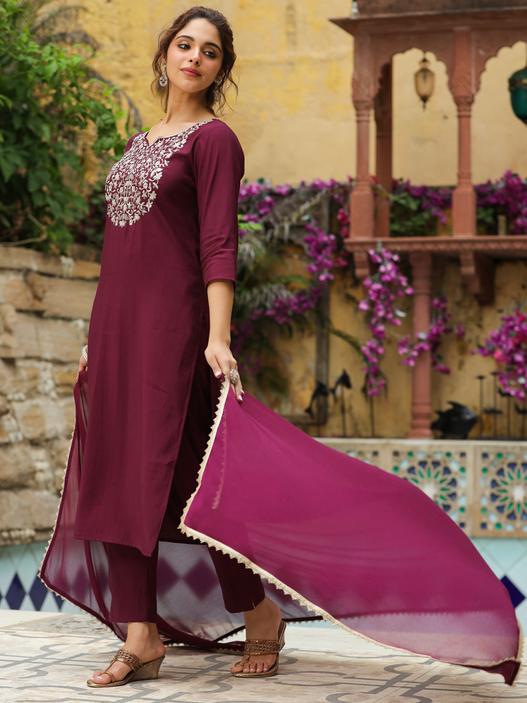 Wine Chanderi Silk Yoke Embroidered Straight Kurta Set