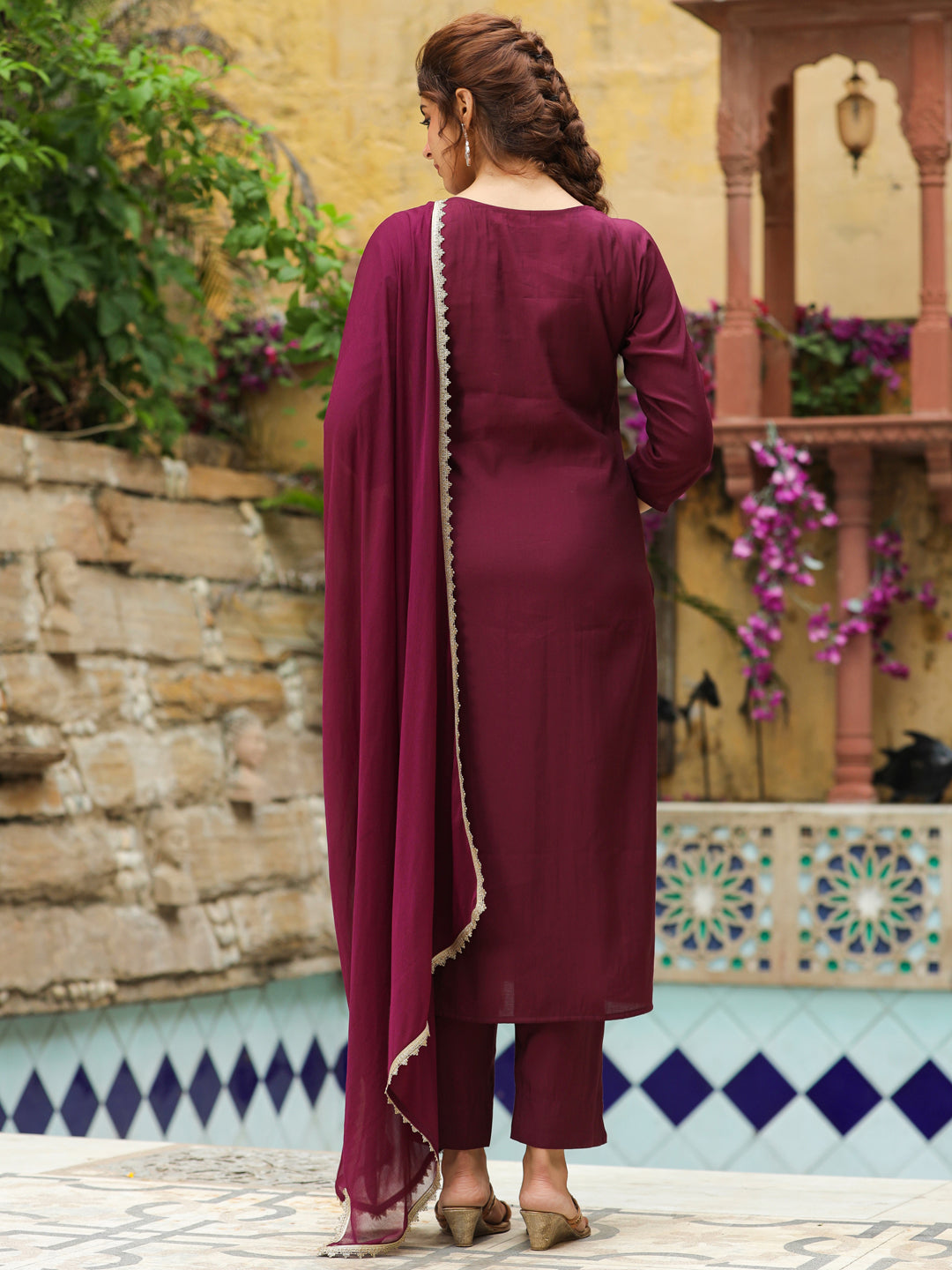 Wine Chanderi Silk Yoke Embroidered Straight Kurta Set