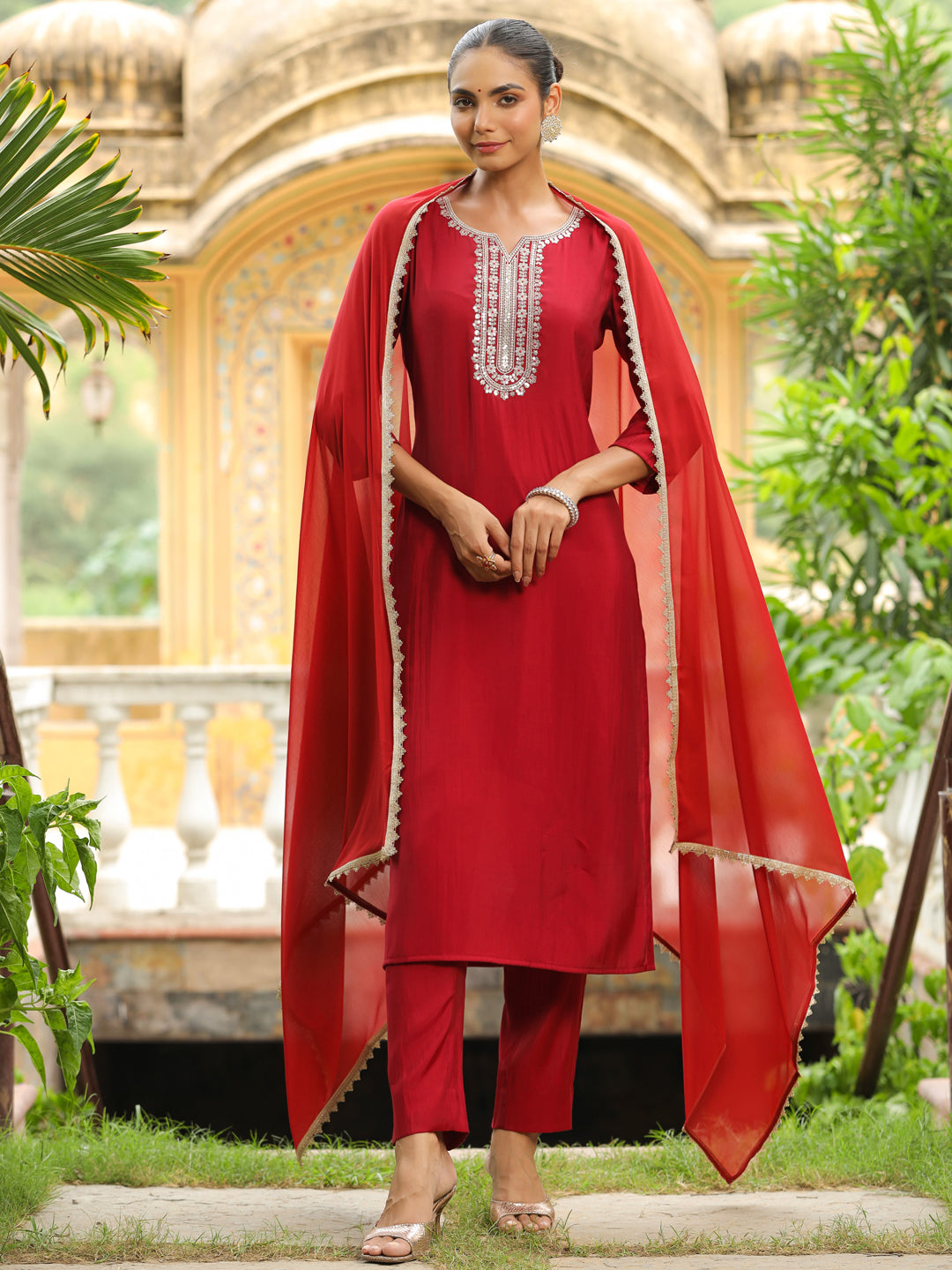 Maroon Chanderi Silk Yoke Embroidered Straight Kurta Set