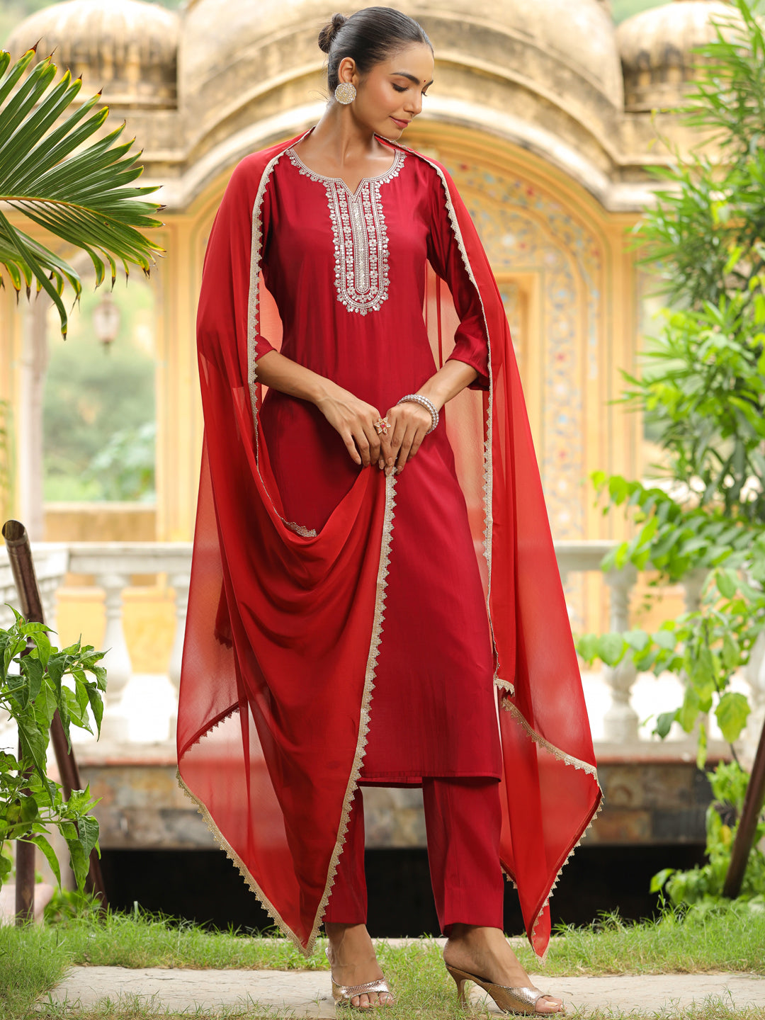 Maroon Chanderi Silk Yoke Embroidered Straight Kurta Set