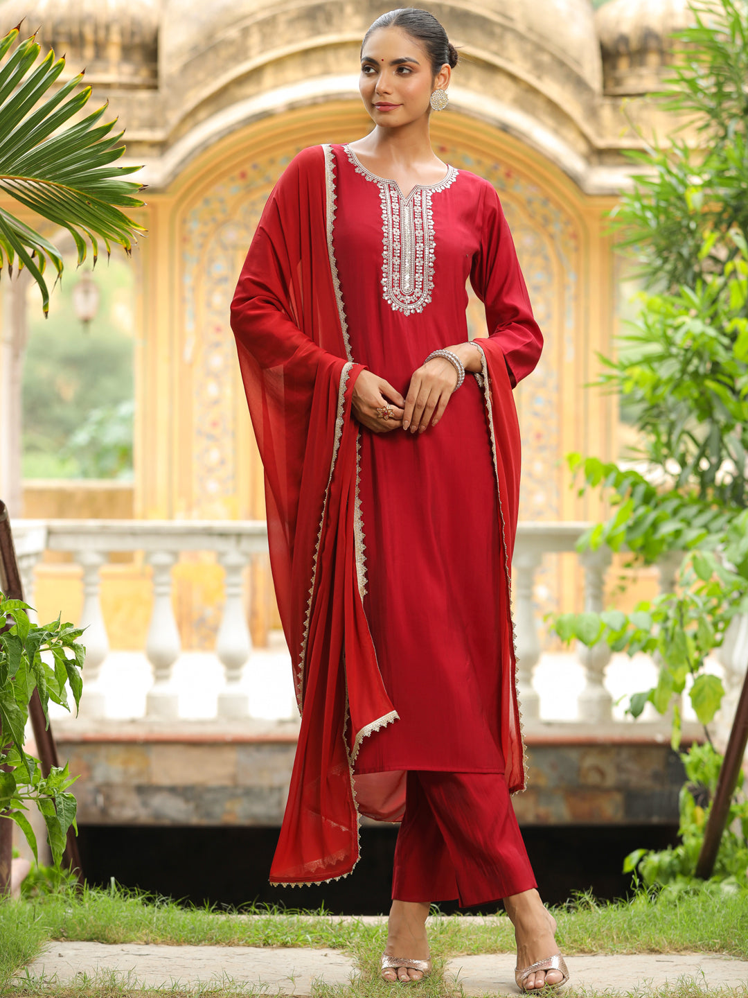 Maroon Chanderi Silk Yoke Embroidered Straight Kurta Set