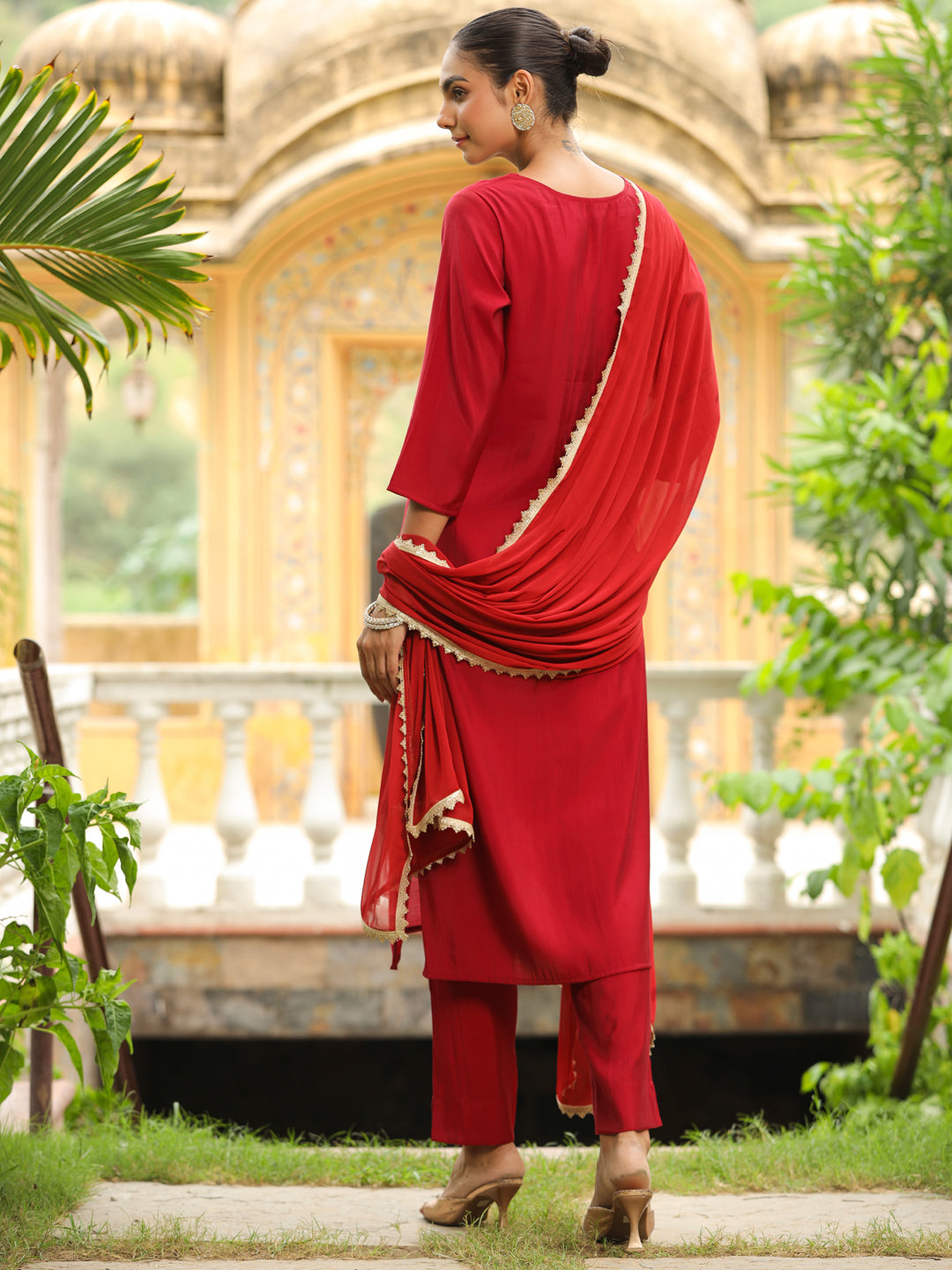 Maroon Chanderi Silk Yoke Embroidered Straight Kurta Set