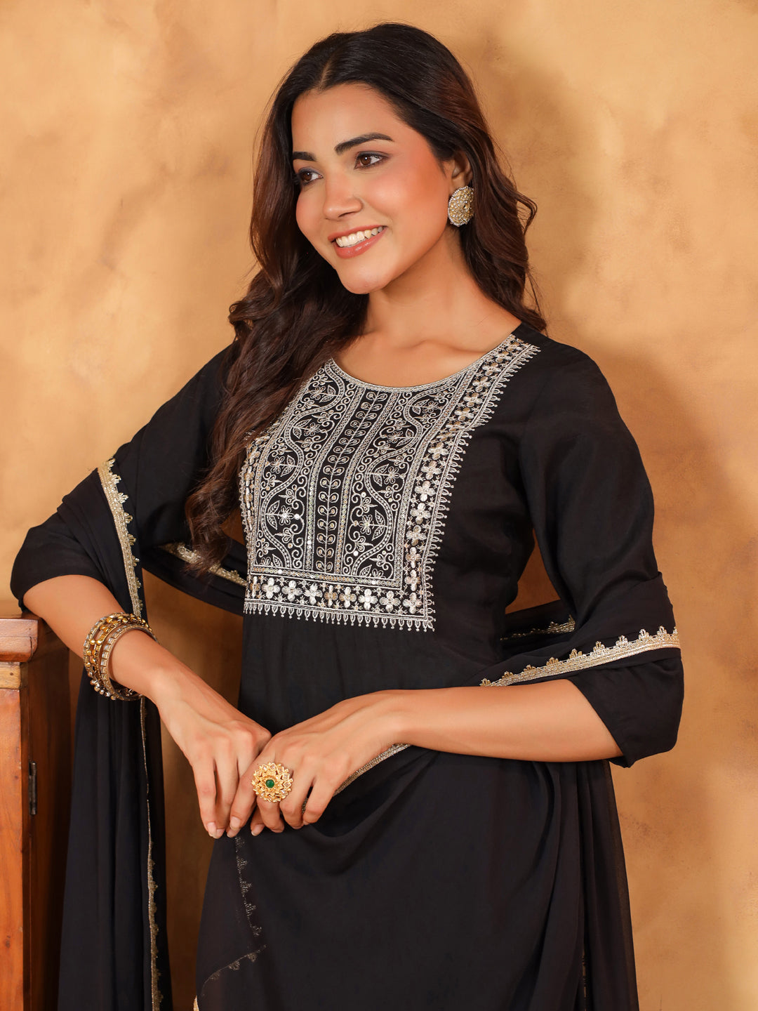 Black Silk Blend Yoke Embroidered Straight Kurta Set