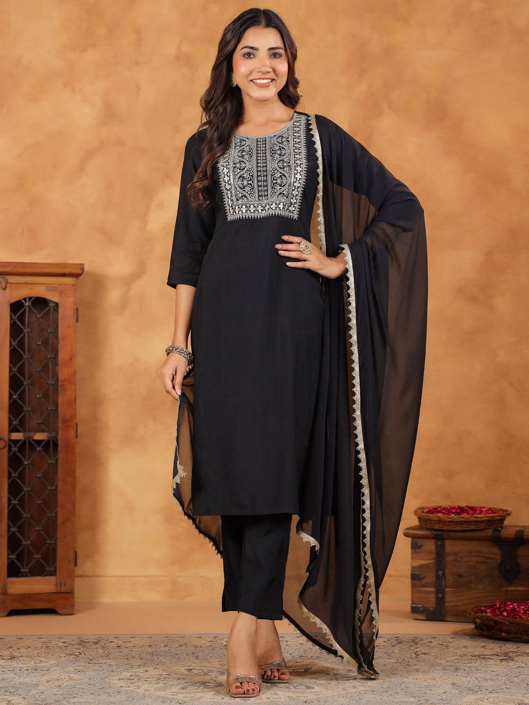 Black Silk Blend Yoke Embroidered Straight Kurta Set