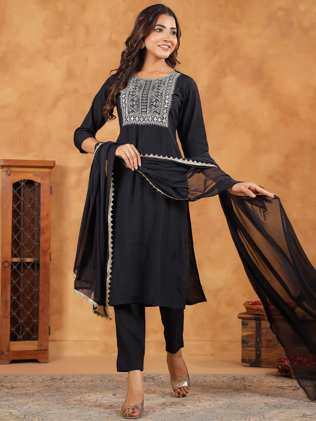 Black Silk Blend Yoke Embroidered Straight Kurta Set