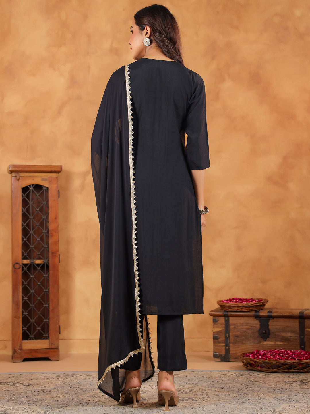 Black Silk Blend Yoke Embroidered Straight Kurta Set