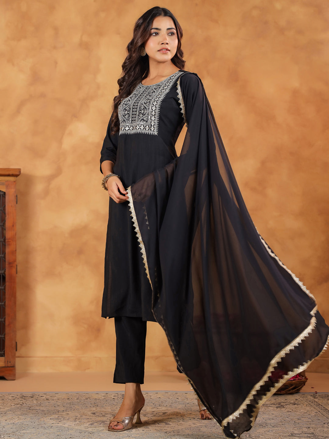 Black Silk Blend Yoke Embroidered Straight Kurta Set