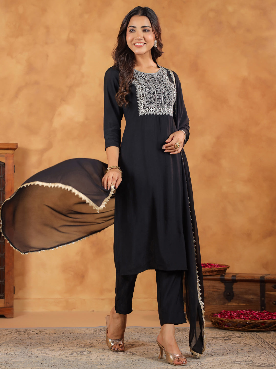 Black Silk Blend Yoke Embroidered Straight Kurta Set