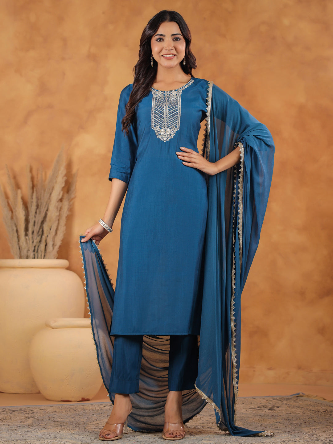 Teal Blue Chanderi Silk Yoke Embroidered Straight Kurta Set