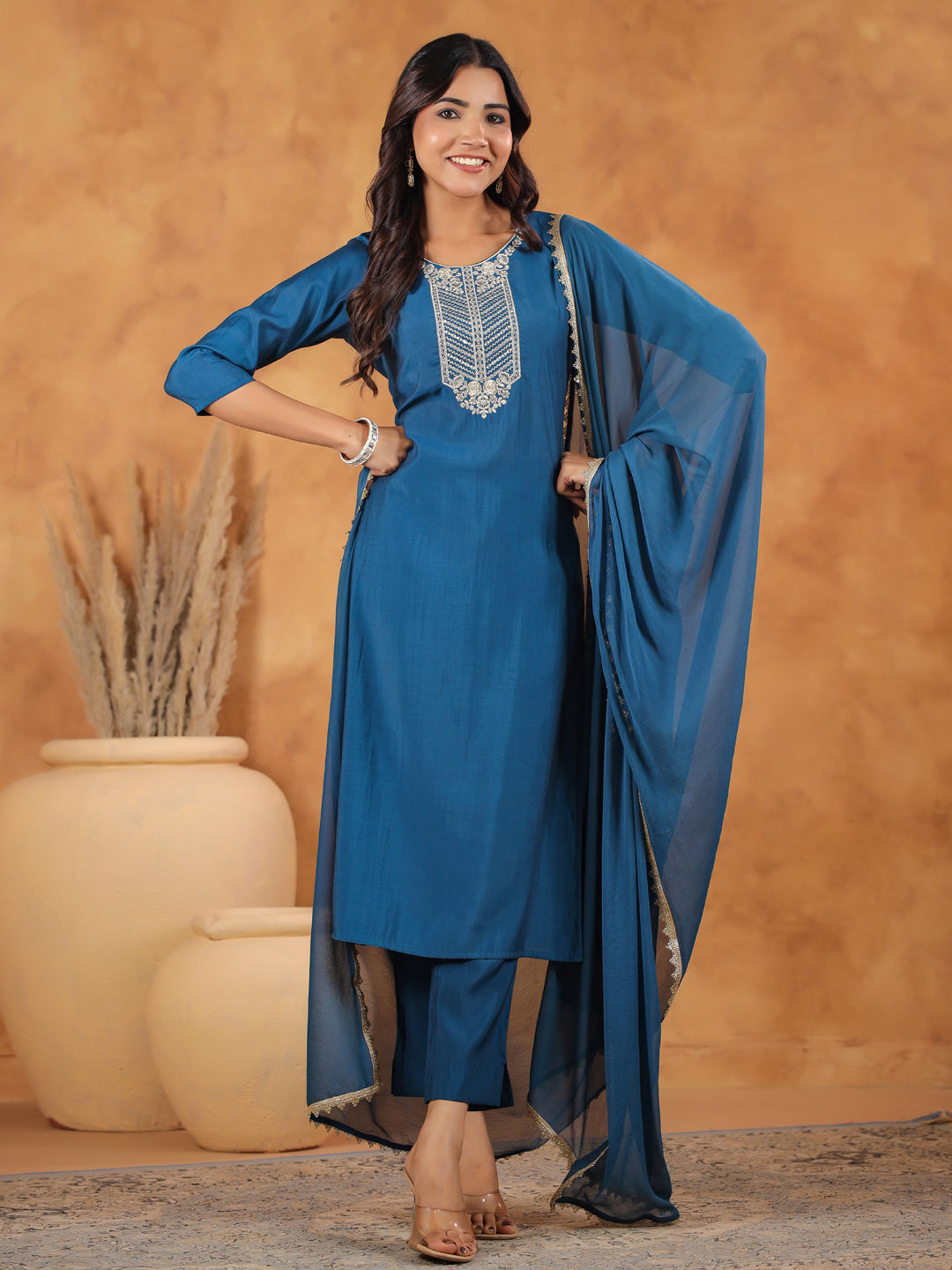 Teal Blue Chanderi Silk Yoke Embroidered Straight Kurta Set