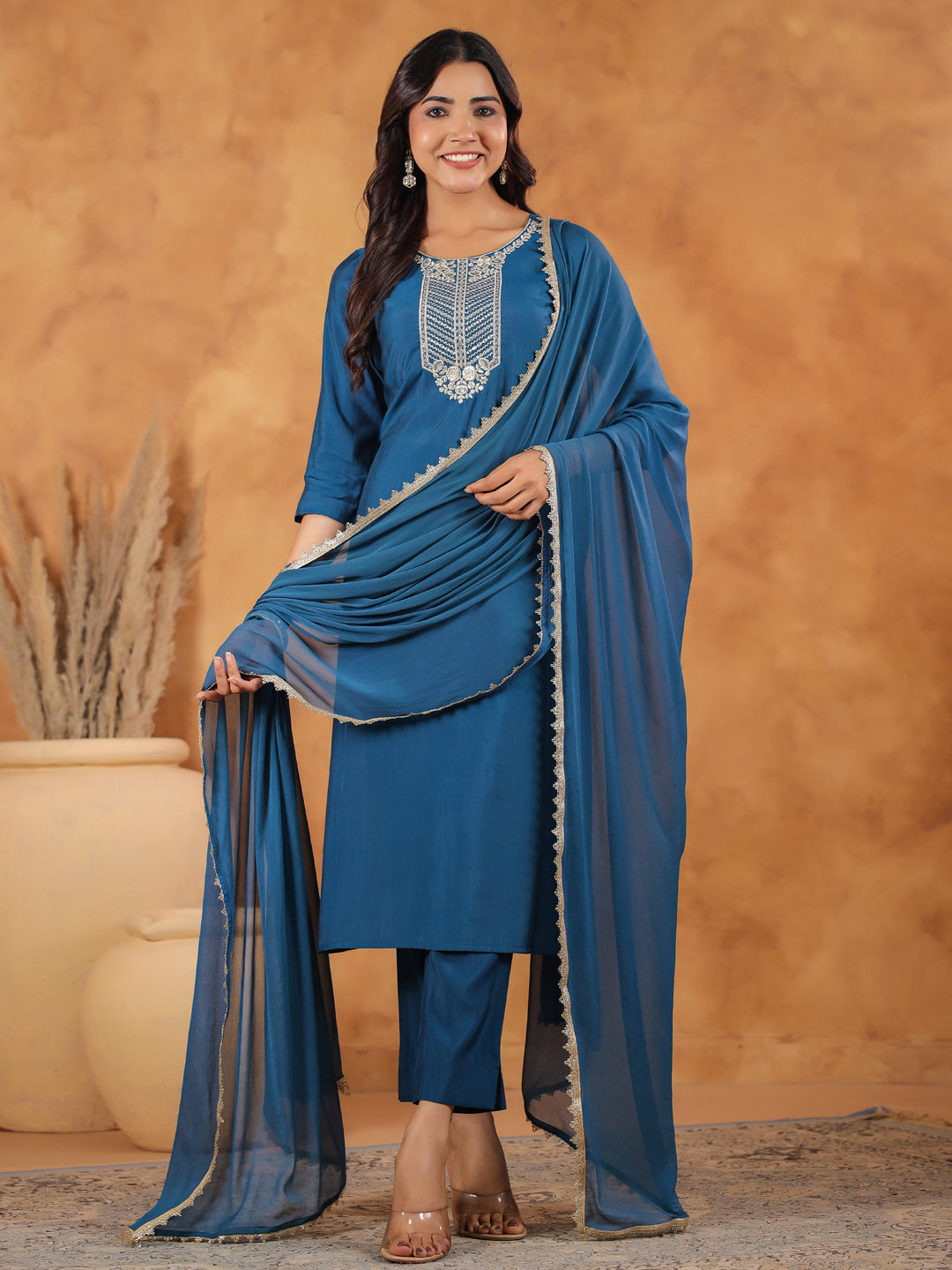 Teal Blue Chanderi Silk Yoke Embroidered Straight Kurta Set