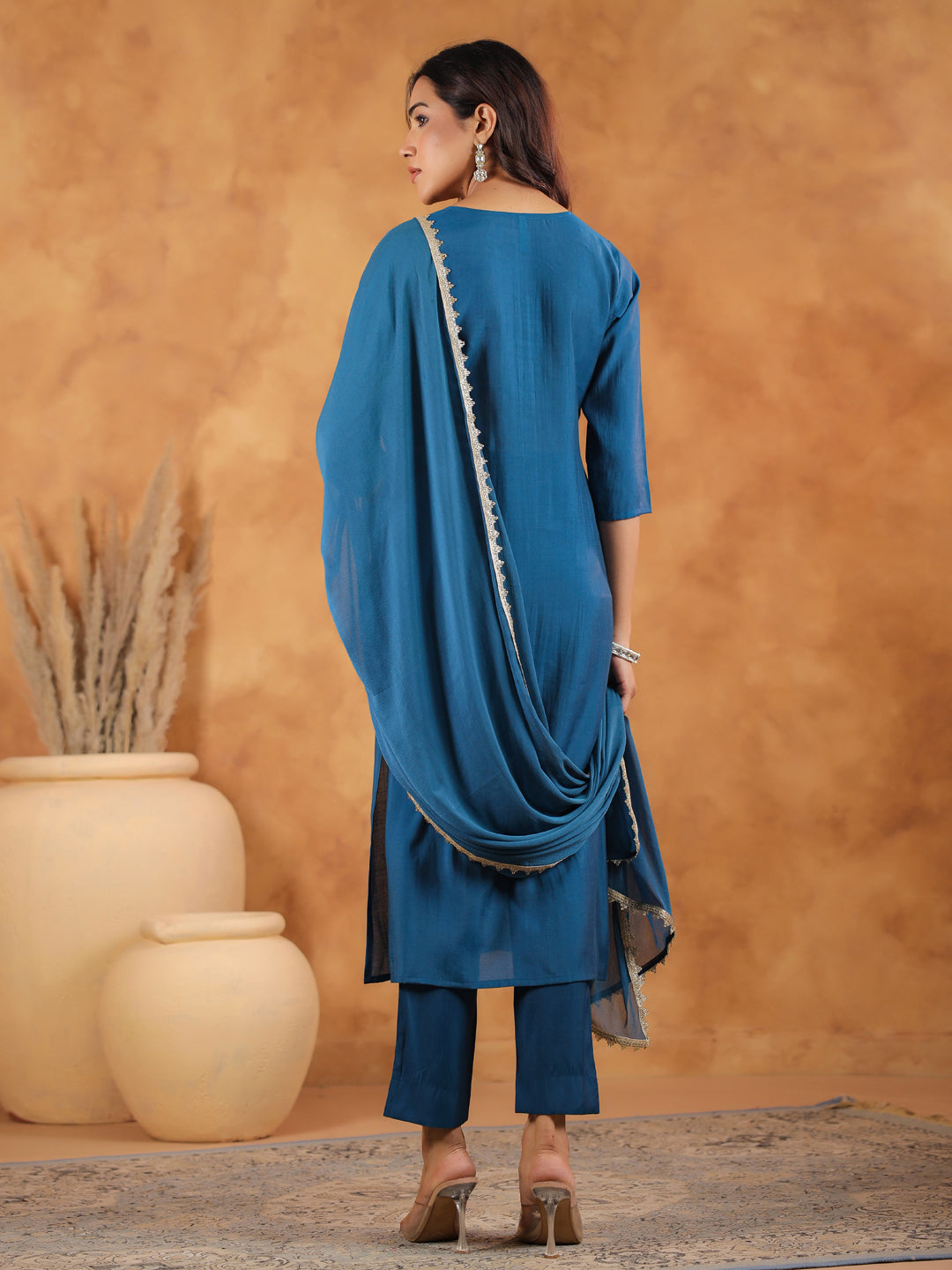 Teal Blue Chanderi Silk Yoke Embroidered Straight Kurta Set