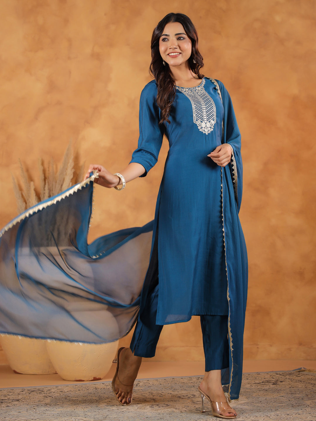 Teal Blue Chanderi Silk Yoke Embroidered Straight Kurta Set