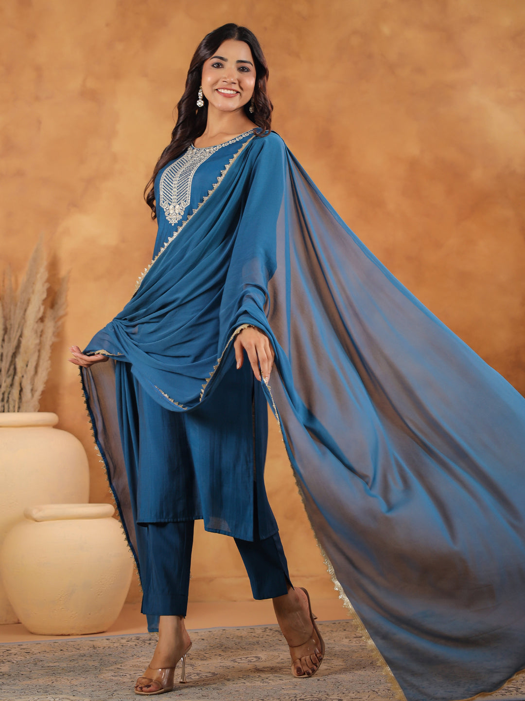 Teal Blue Chanderi Silk Yoke Embroidered Straight Kurta Set