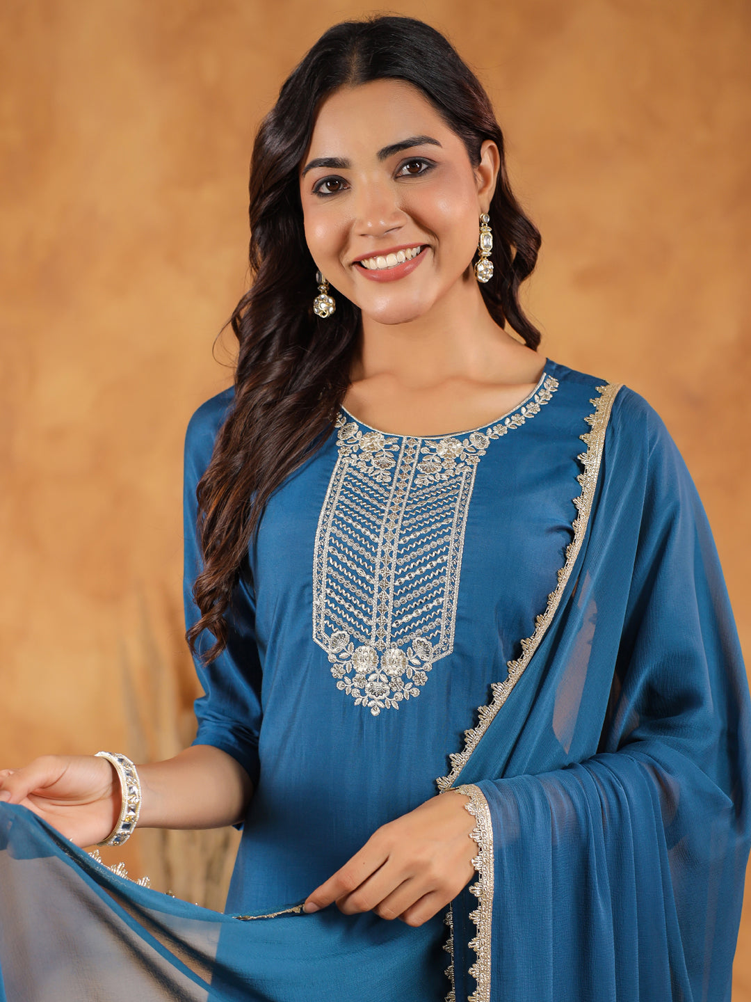 Teal Blue Chanderi Silk Yoke Embroidered Straight Kurta Set