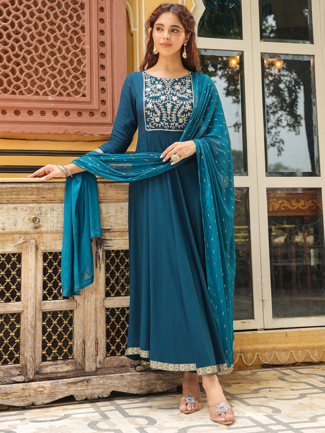 Teal Blue Rayon Yoke Embroidered Anarkali Kurta Set