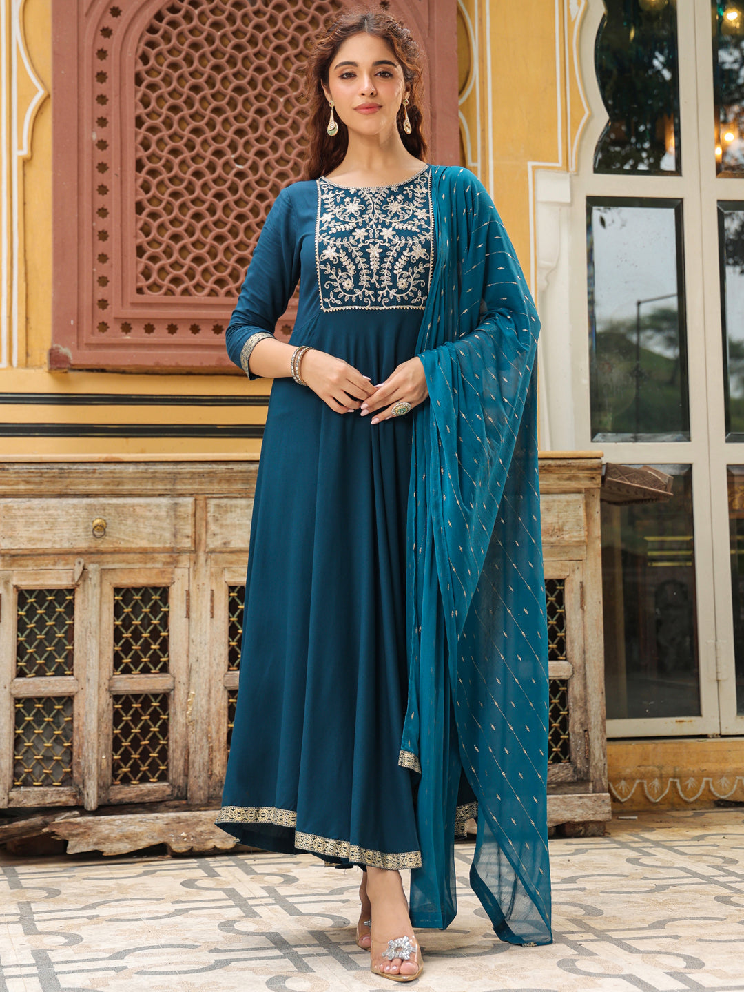 Teal Blue Rayon Yoke Embroidered Anarkali Kurta Set