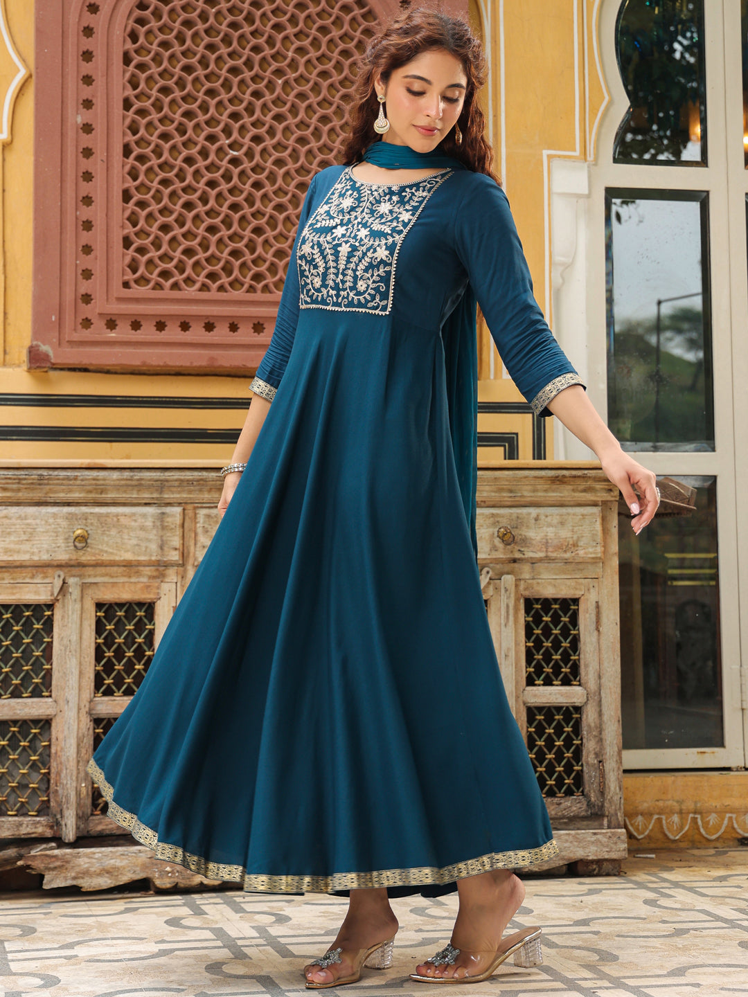 Teal Blue Rayon Yoke Embroidered Anarkali Kurta Set