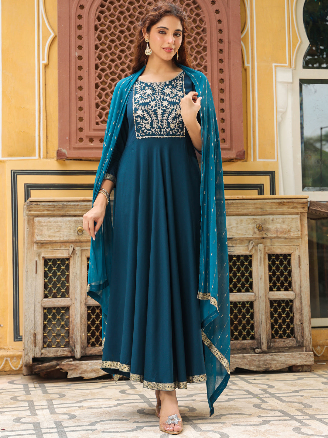 Teal Blue Rayon Yoke Embroidered Anarkali Kurta Set