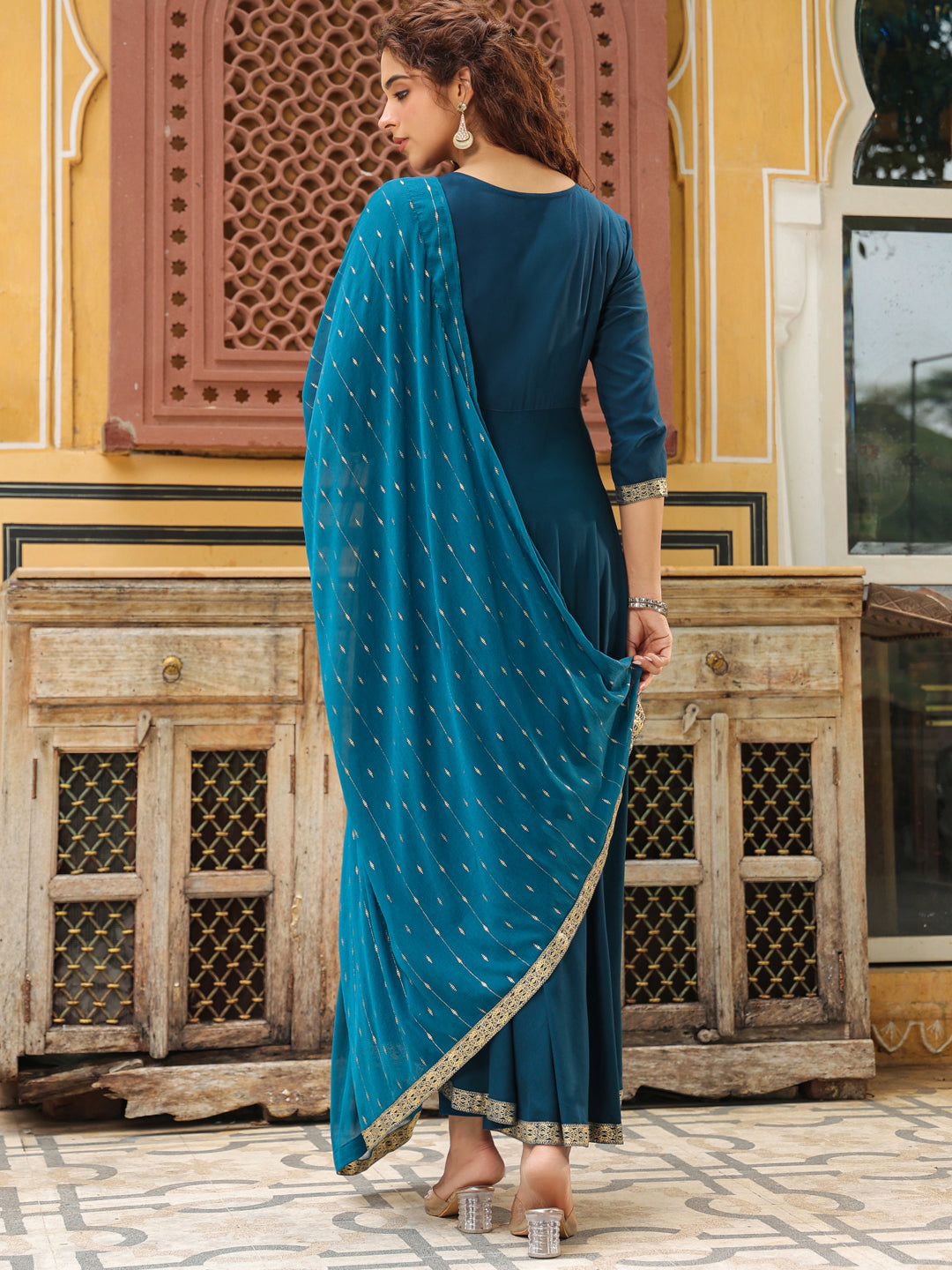 Teal Blue Rayon Yoke Embroidered Anarkali Kurta Set