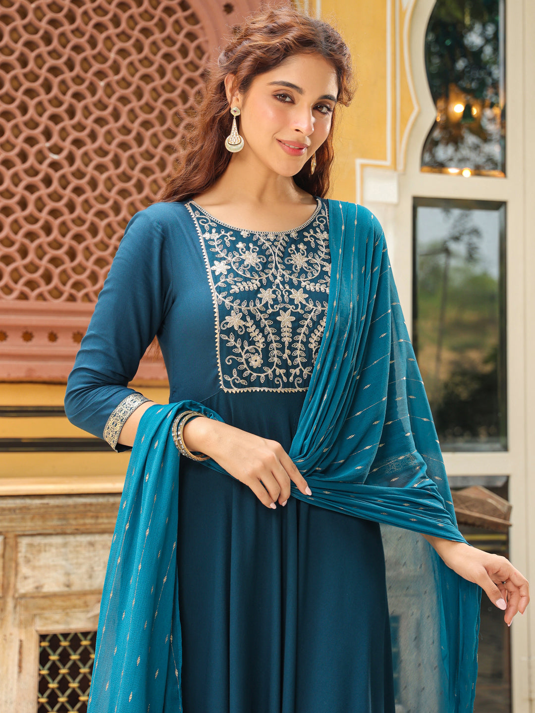 Teal Blue Rayon Yoke Embroidered Anarkali Kurta Set