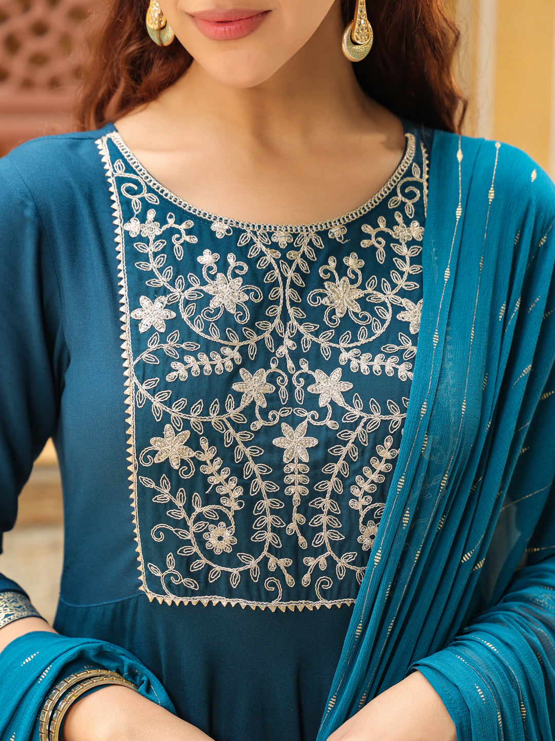 Teal Blue Rayon Yoke Embroidered Anarkali Kurta Set