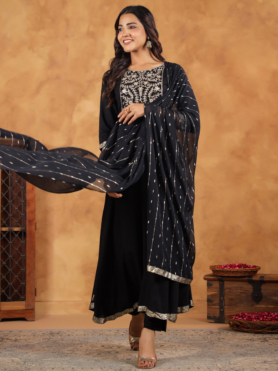 Black Rayon Zari Embroidered Anarkali Kurta Set