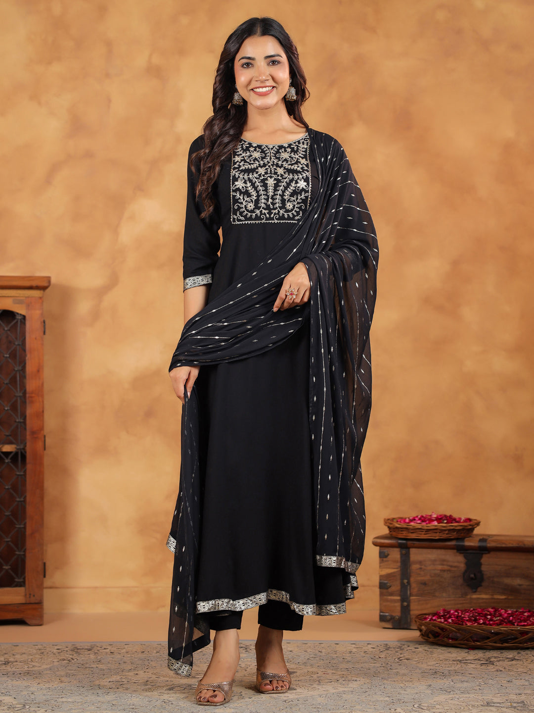 Black Rayon Zari Embroidered Anarkali Kurta Set