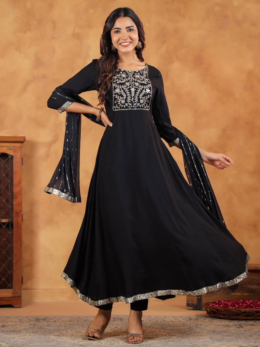 Black Rayon Zari Embroidered Anarkali Kurta Set