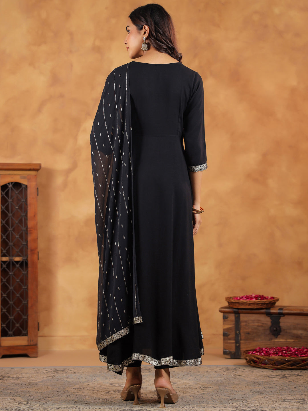 Black Rayon Zari Embroidered Anarkali Kurta Set