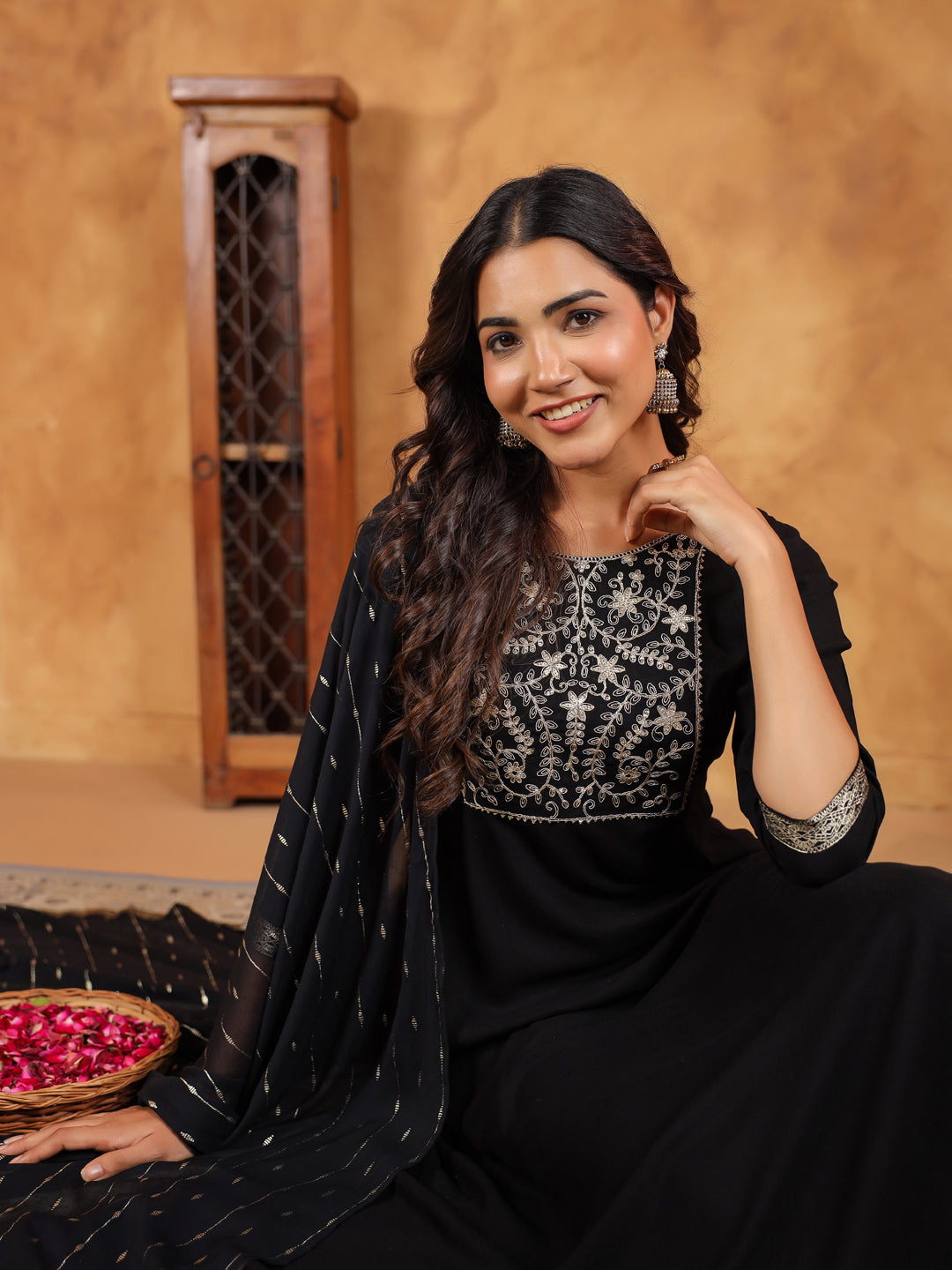 Black Rayon Zari Embroidered Anarkali Kurta Set