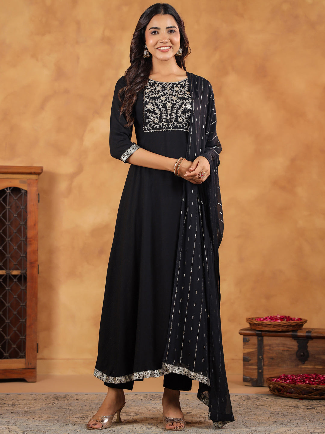 Black Rayon Zari Embroidered Anarkali Kurta Set