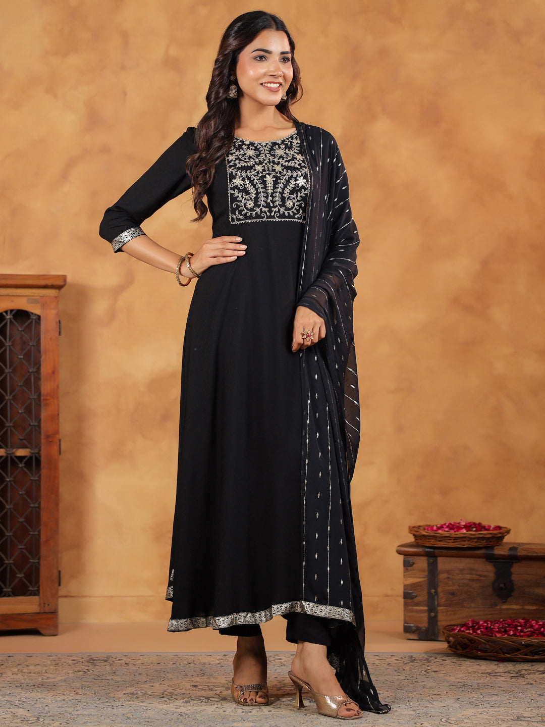 Black Rayon Zari Embroidered Anarkali Kurta Set