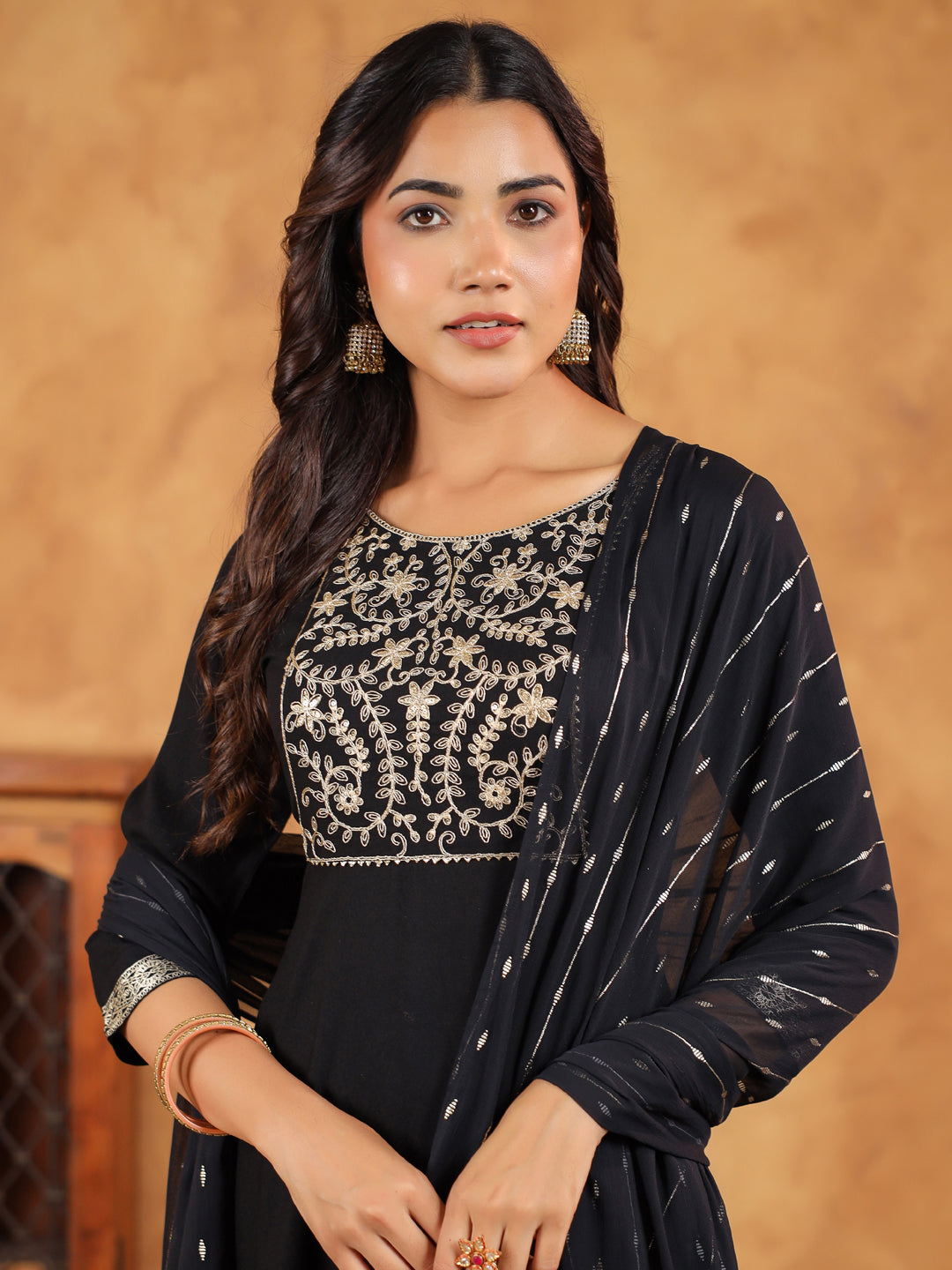 Black Rayon Zari Embroidered Anarkali Kurta Set