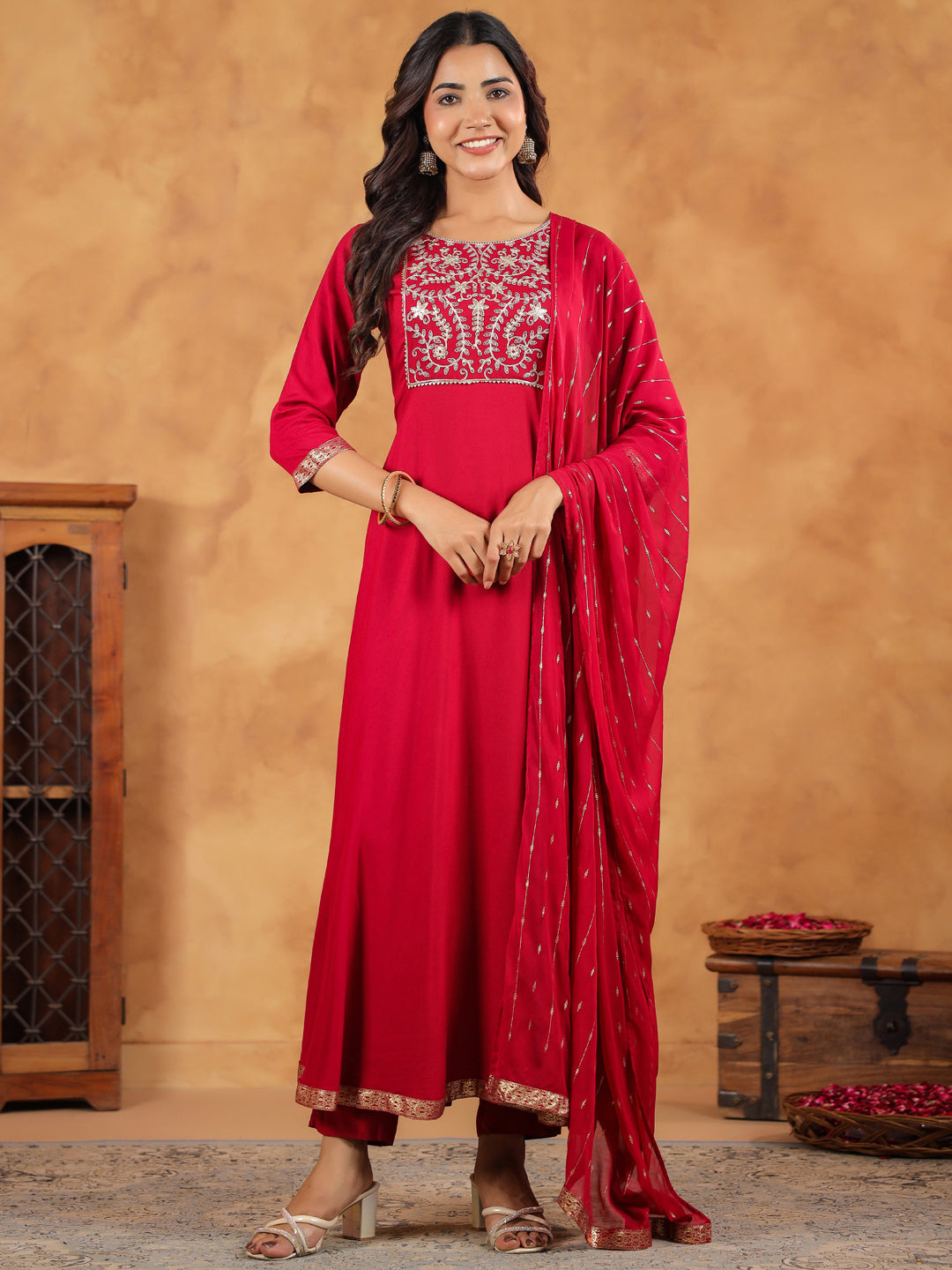 Pink Rayon Zari Embroidered Anarkali Kurta Set