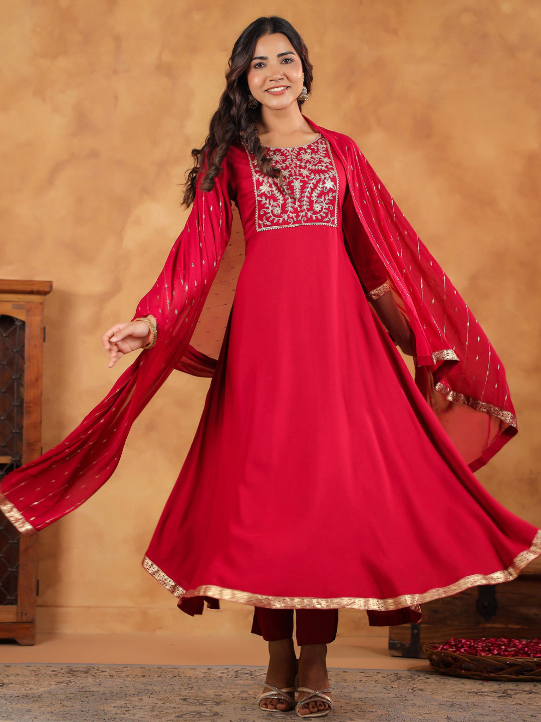 Pink Rayon Zari Embroidered Anarkali Kurta Set