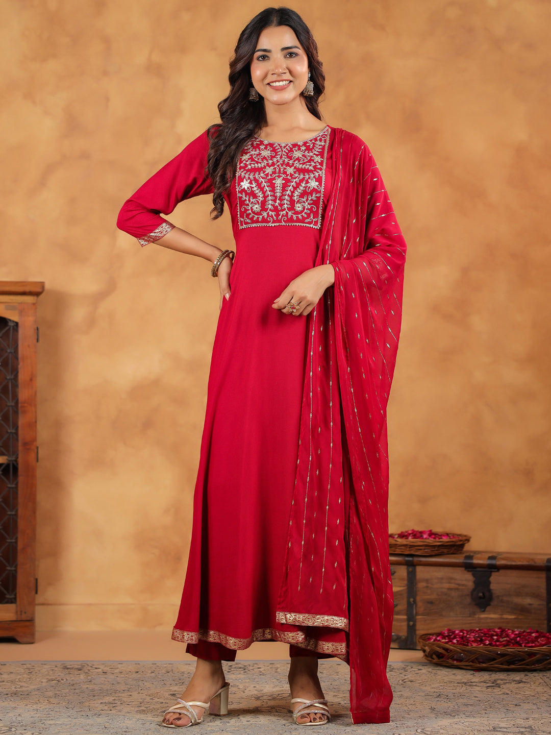 Pink Rayon Zari Embroidered Anarkali Kurta Set