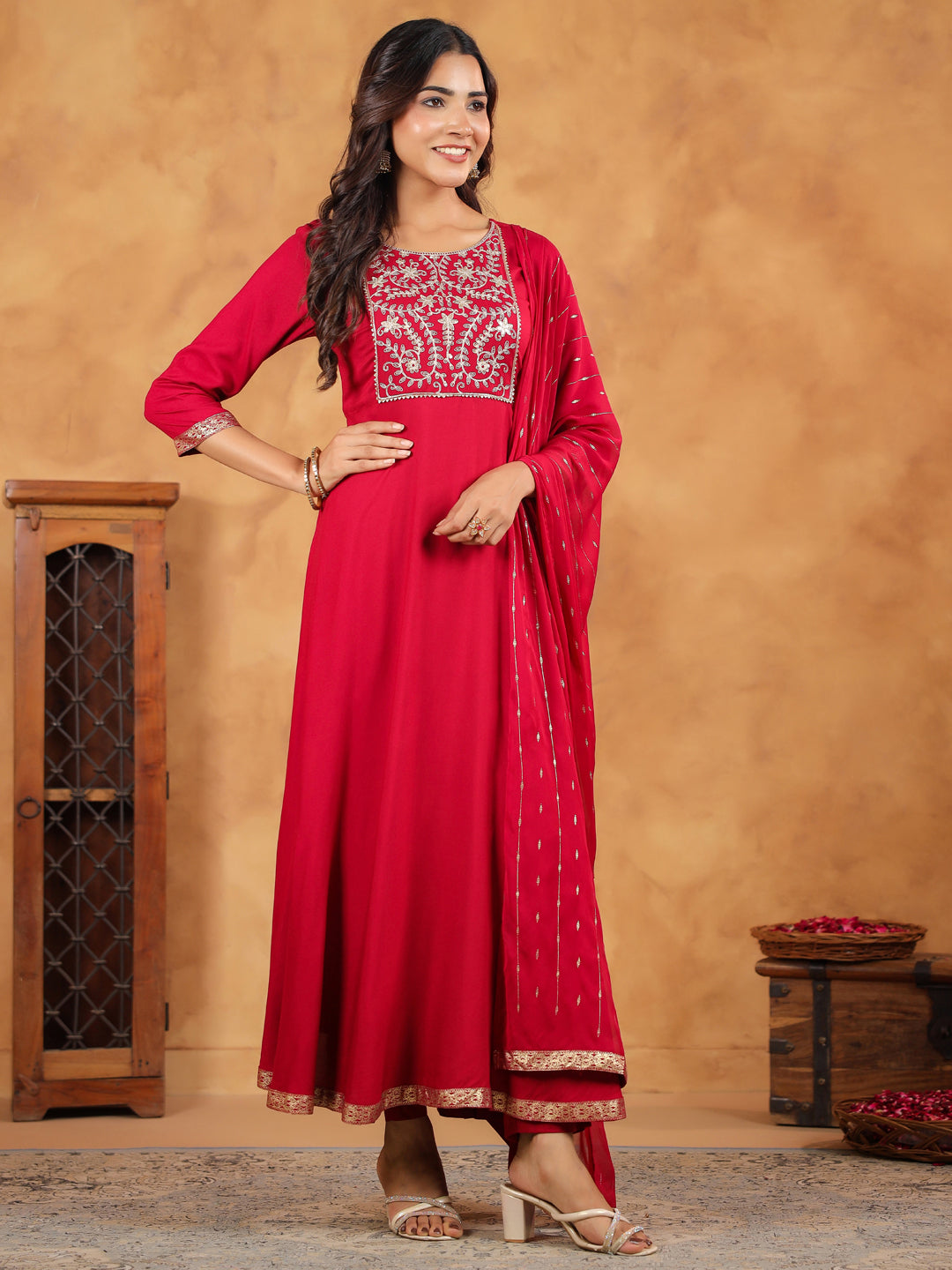 Pink Rayon Zari Embroidered Anarkali Kurta Set