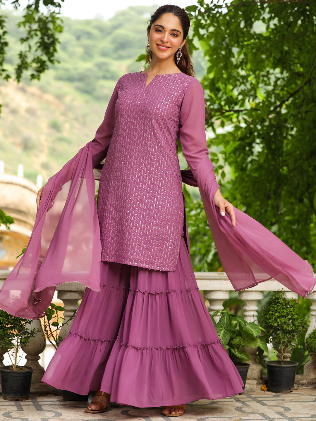 Lavender Georgette Embroidered Straight Sharara Kurta Set