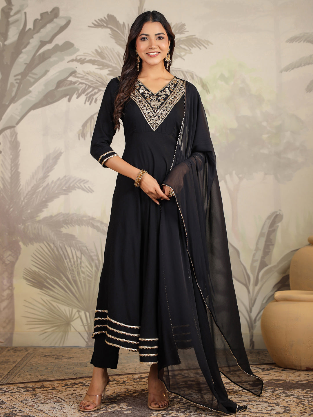 Black Rayon Zari Embroidered Anarkali Kurta Set