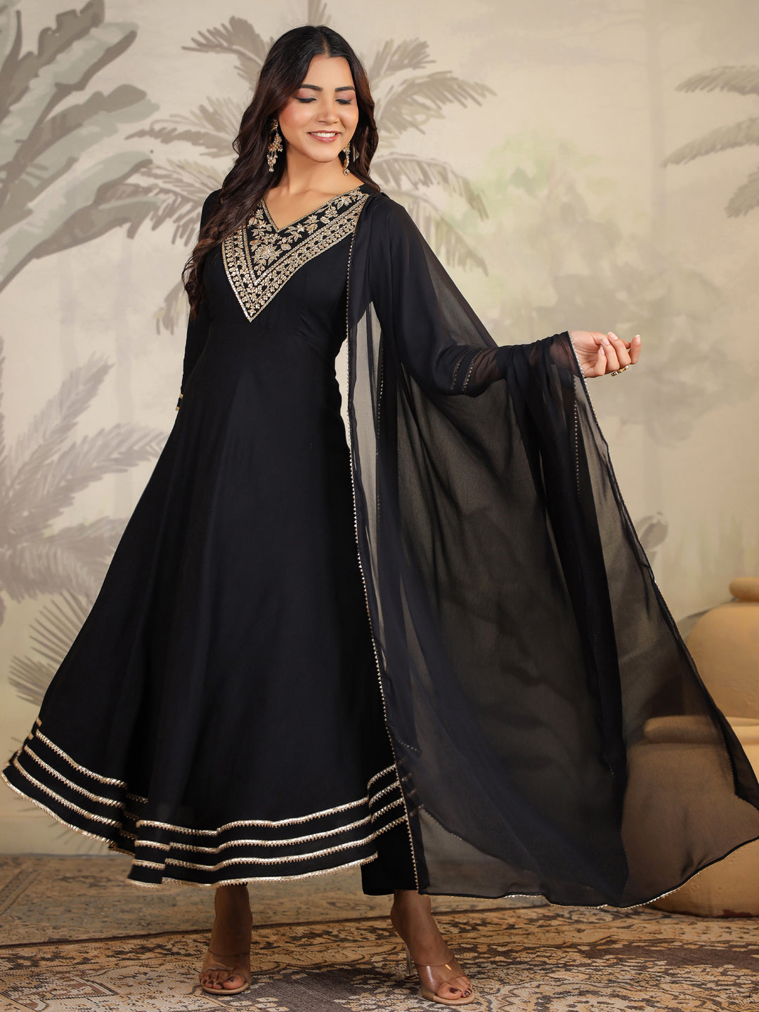 Black Rayon Zari Embroidered Anarkali Kurta Set