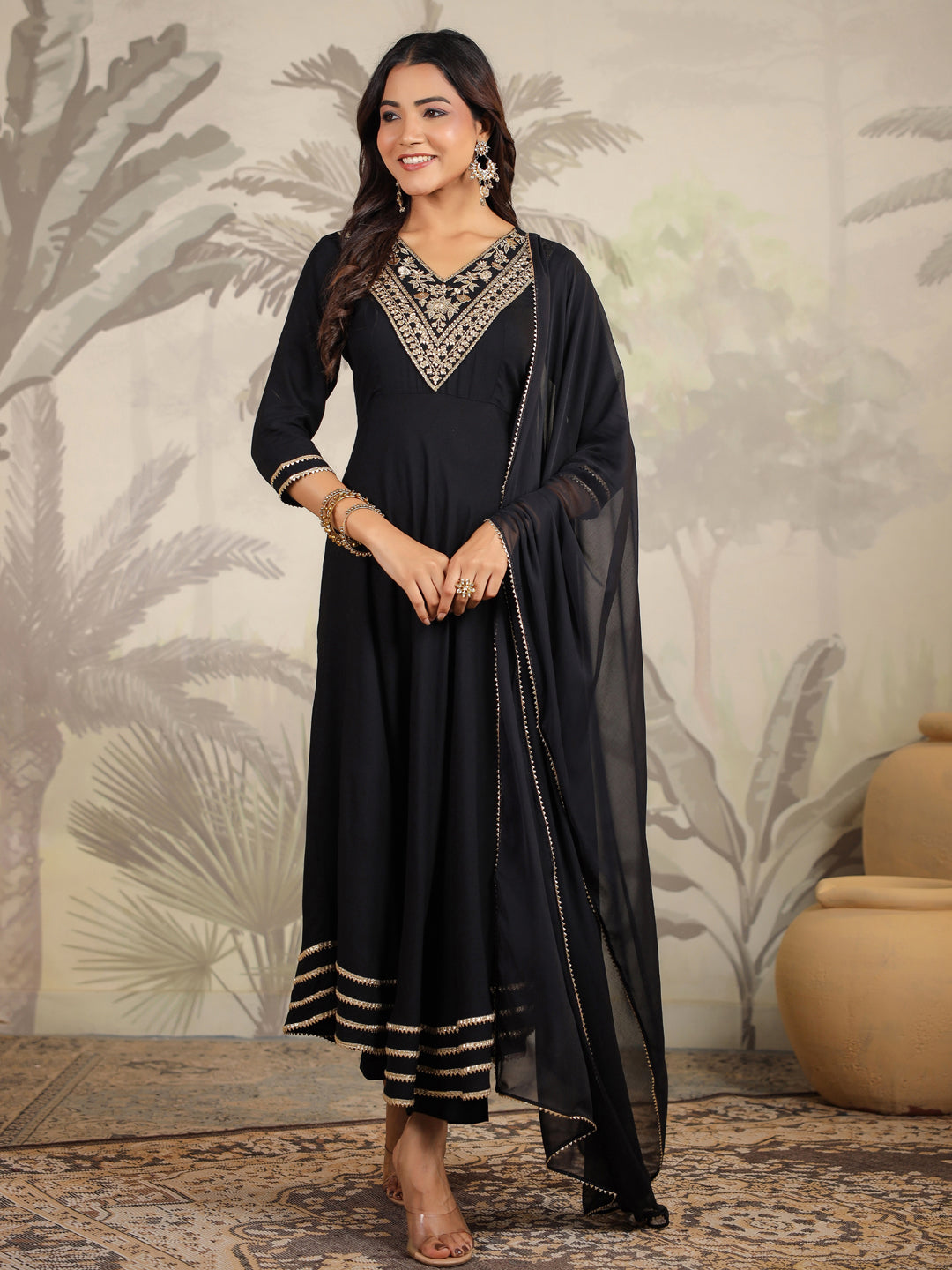 Black Rayon Zari Embroidered Anarkali Kurta Set