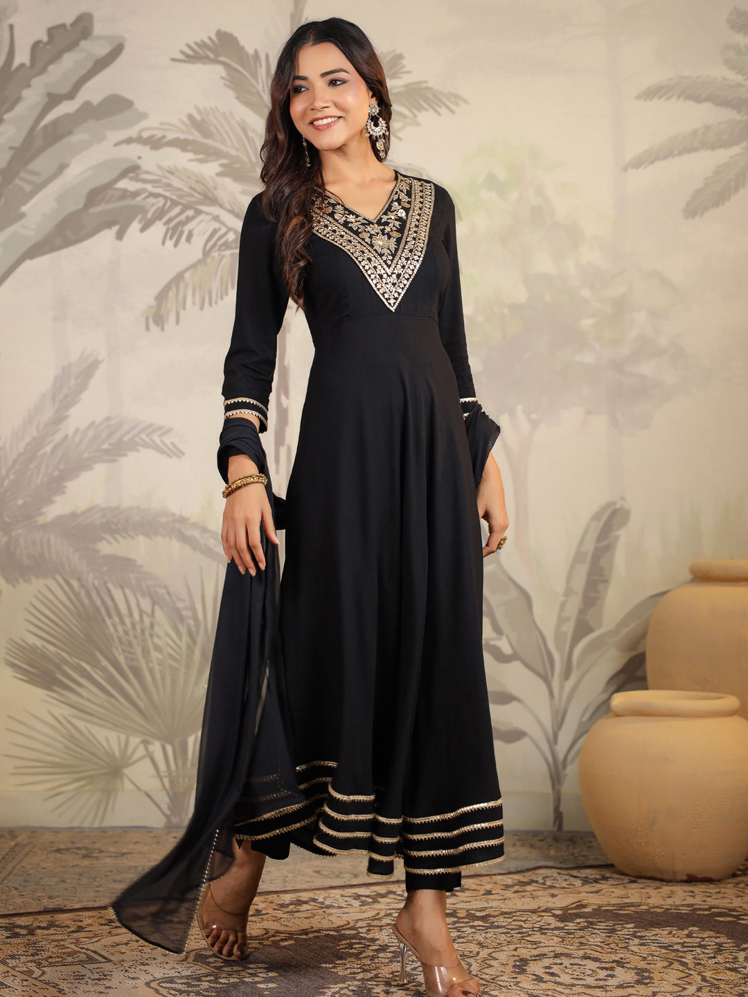 Black Rayon Zari Embroidered Anarkali Kurta Set