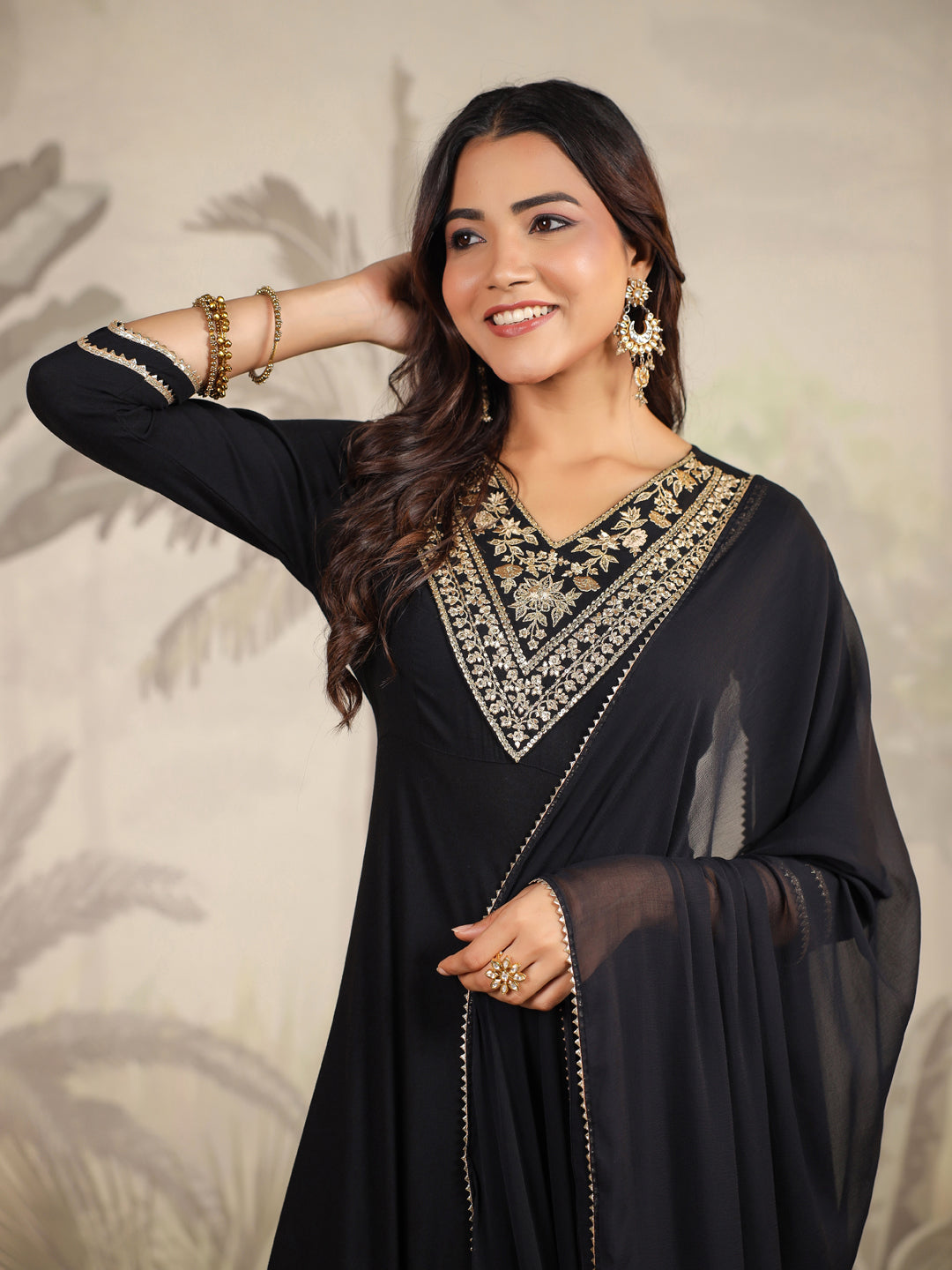 Black Rayon Zari Embroidered Anarkali Kurta Set