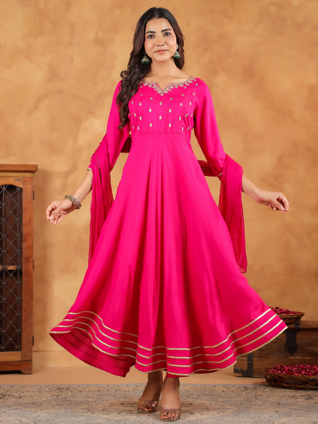 Pink Rayon Zari Embroidered Anarkali Kurta Set