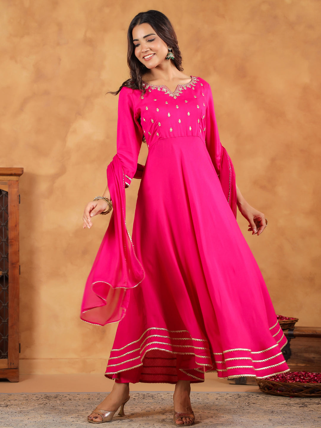 Pink Rayon Zari Embroidered Anarkali Kurta Set