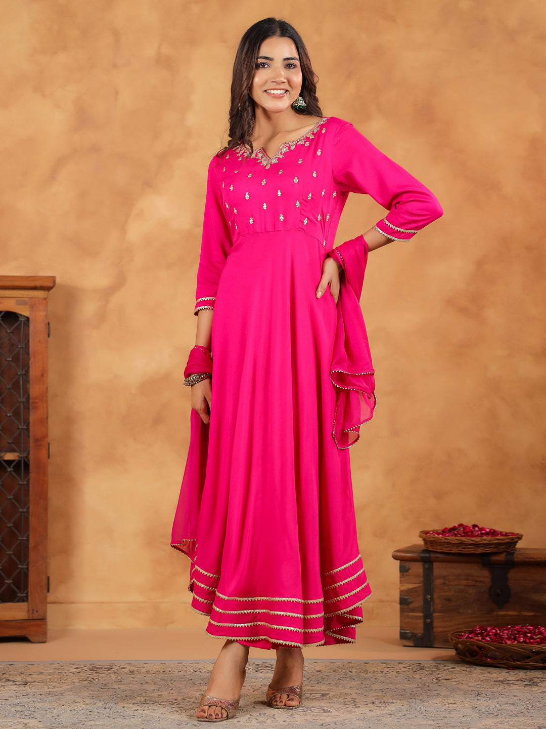 Pink Rayon Zari Embroidered Anarkali Kurta Set