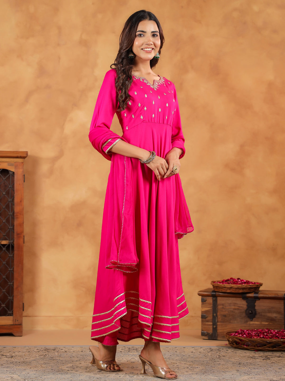 Pink Rayon Zari Embroidered Anarkali Kurta Set